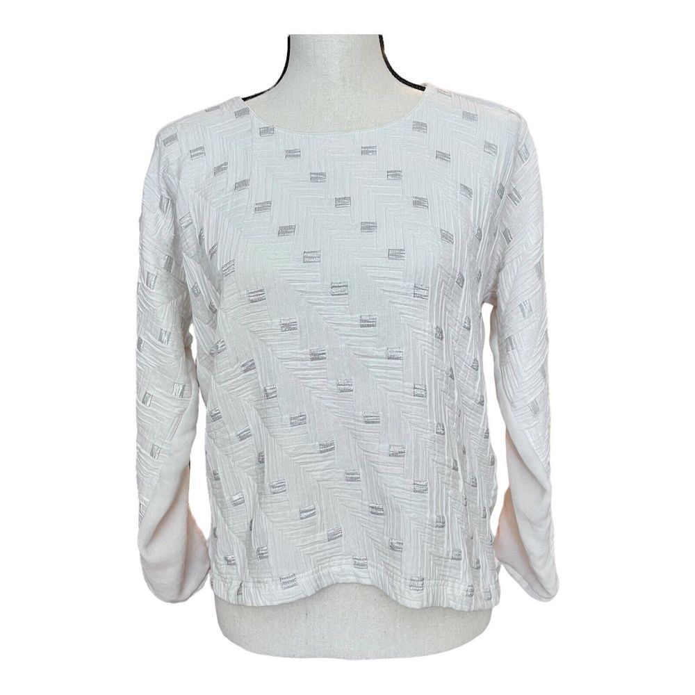 Zara Basic Womens Top White Silver Embroidered Jacquard Long Dolman Sleeve XS
